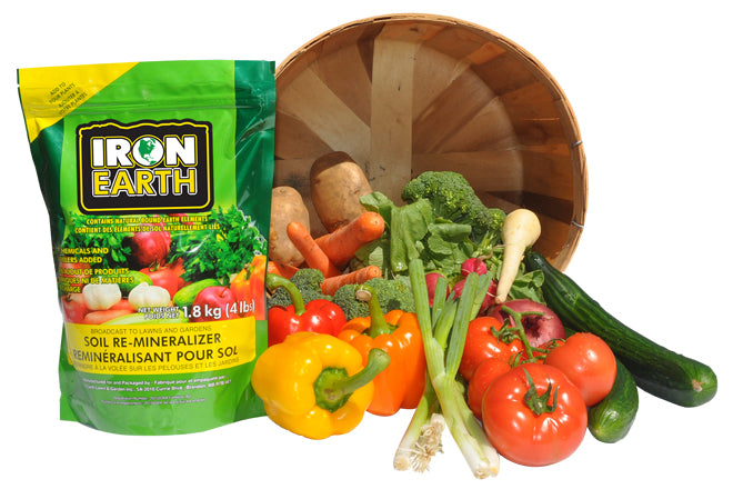 A picture of a basket of hardy vegetables next to a bag of IRON EARTH™
